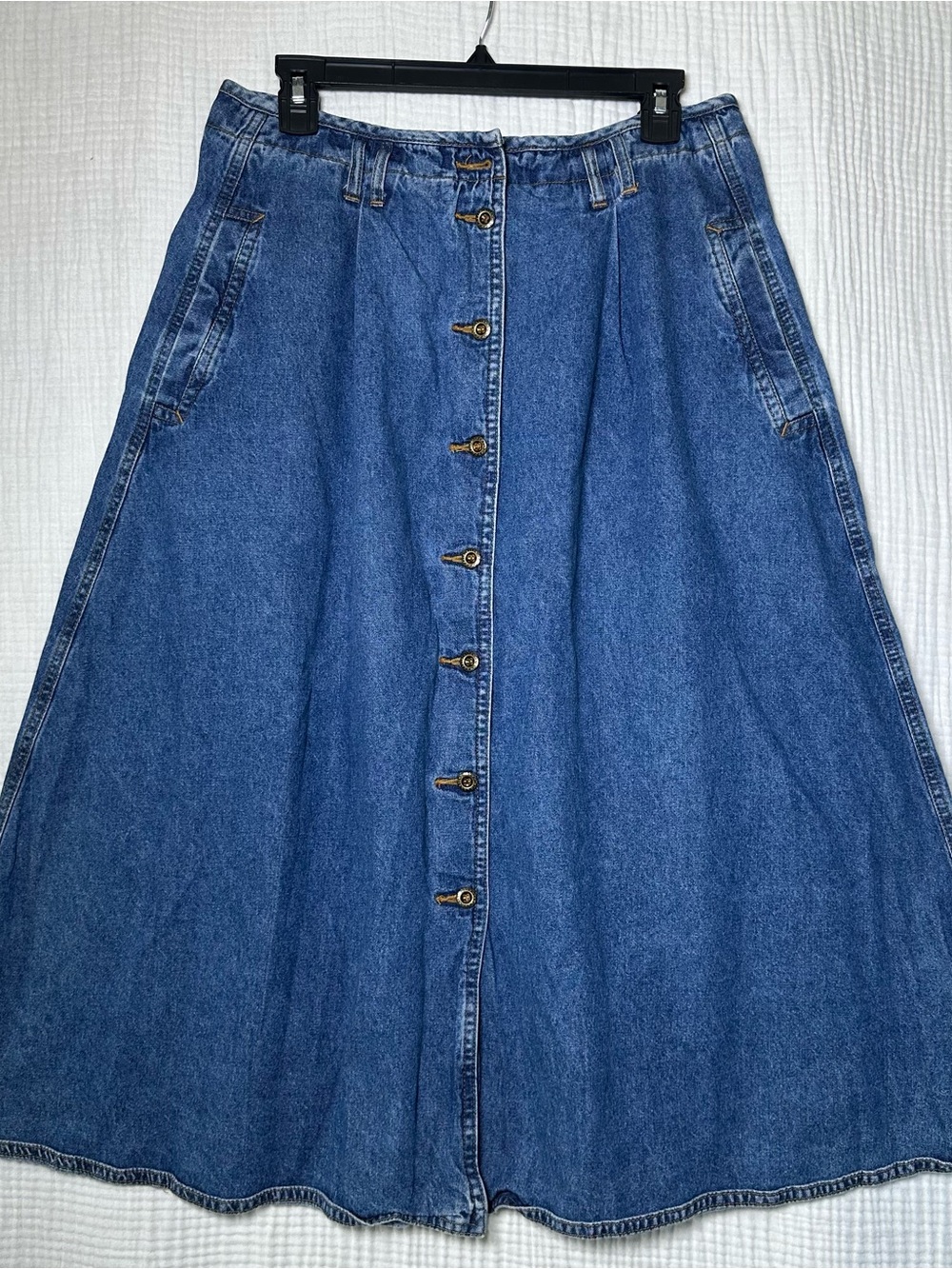 VTG Alfred Dunner Button Front A-Line Blue Jean Denim Skirt-16-Modest-Elastic